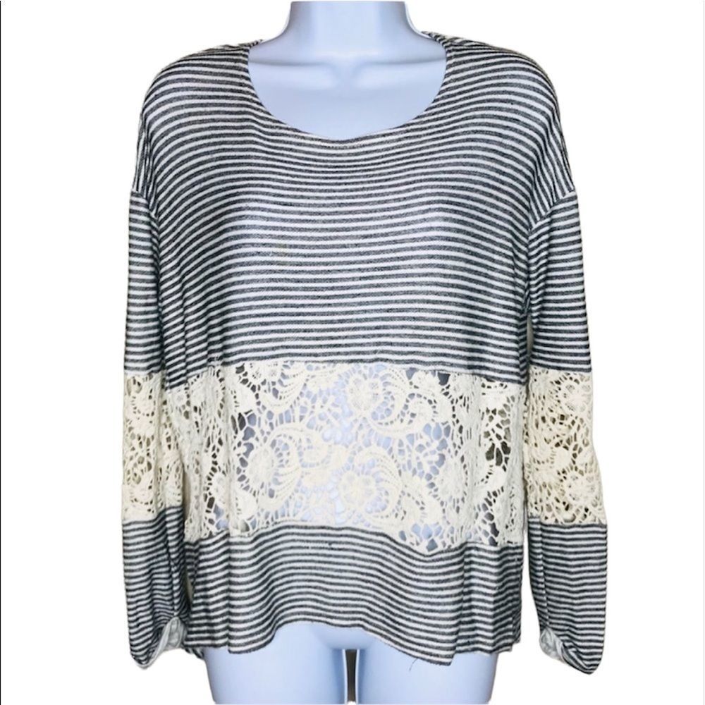 Blu Pepper Striped Crochet Lace Top | M